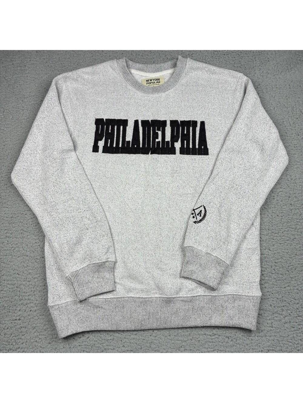 New York Popular Philadelphia Crewneck Sweatshirt Mens L Gray Spell Out Pullover
